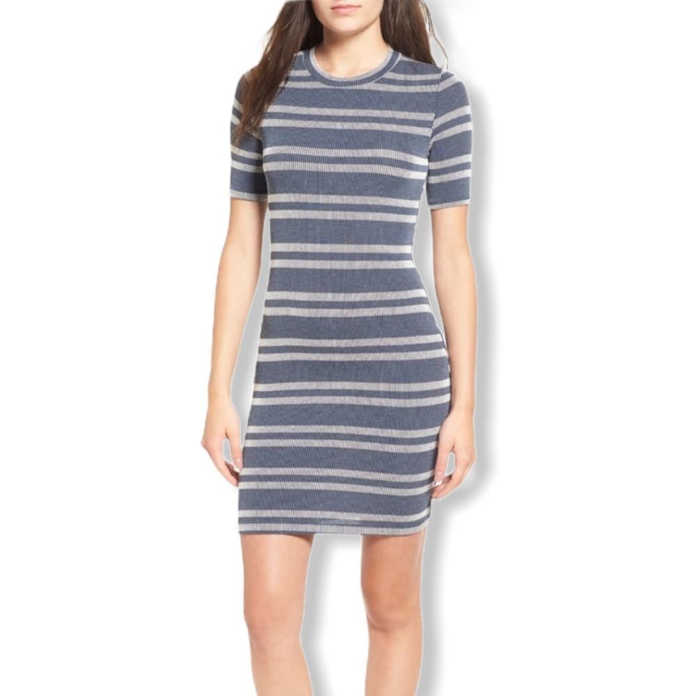 BP Nordstrom Ribbed Striped Bodycon Dress | Grey Casual T-Shirt Mini Dress L